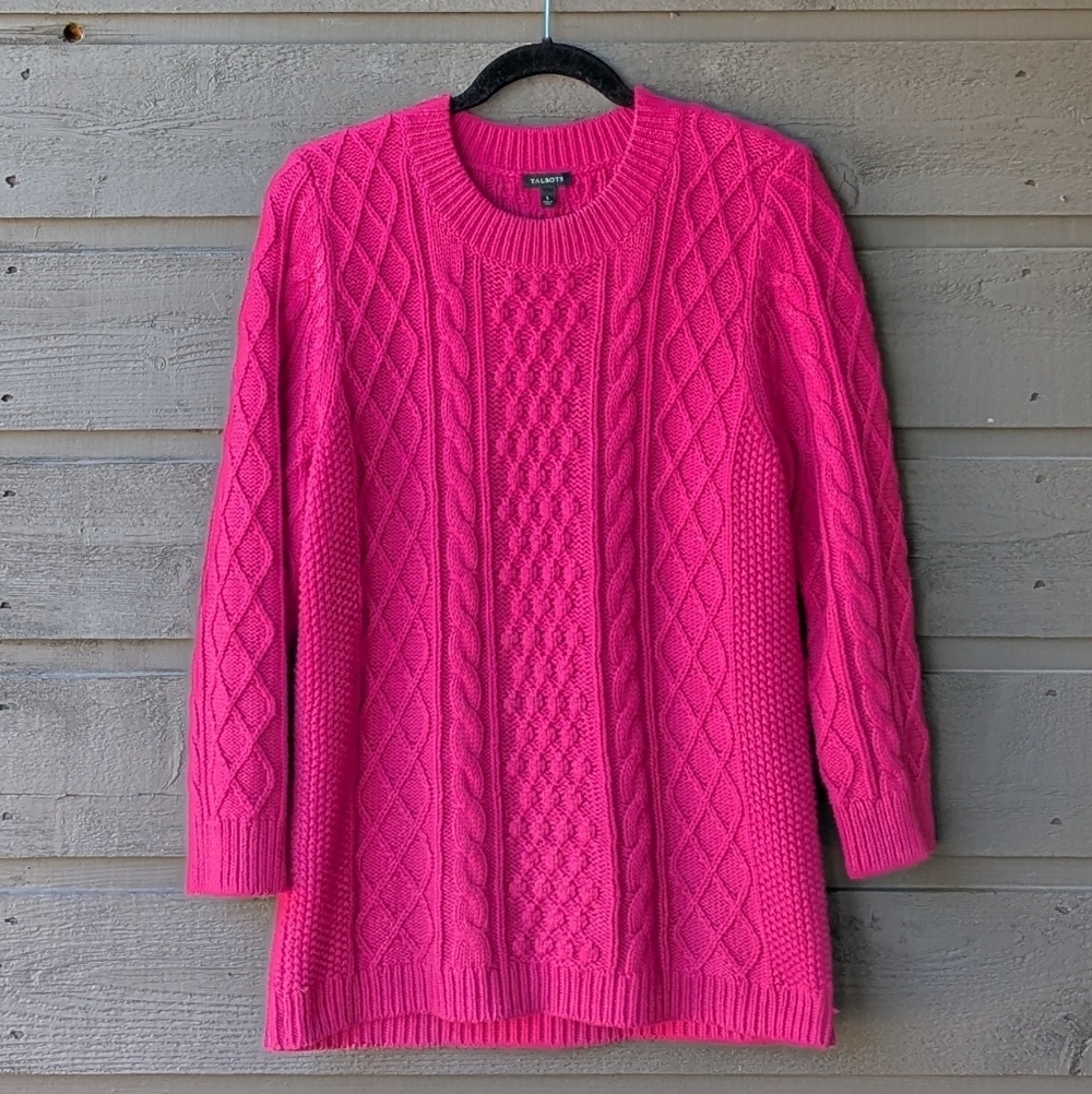 Talbots Magenta Pink Cable Knit Crew Neck Sweater Size Large Cotton Wool - Picture 6 of 6